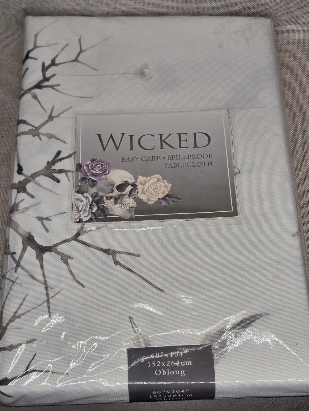 Wicked Skull & Floral Spillproof Tablecloth - White Gray & Purple Accents New